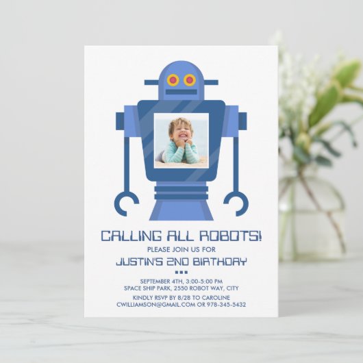 Robot Birthday Party Theme Boy Fotouitnodiging Kaart (Staand voorkant)