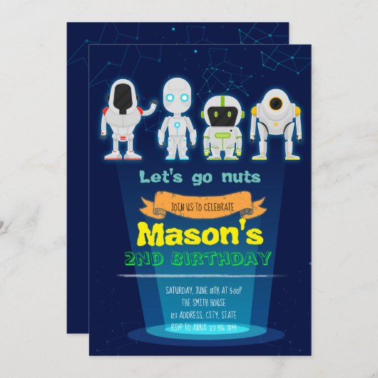 Robot Birthday Party-uitnodiging Kaart (Voorkant / Achterkant)