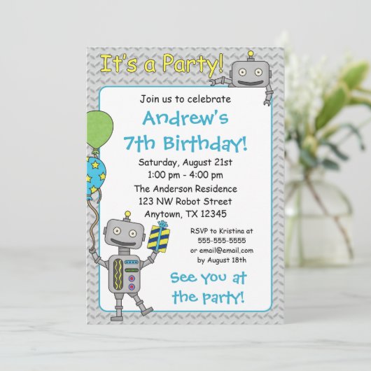Robot Birthday Party-uitnodigingen Kaart (Staand voorkant)