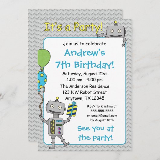 Robot Birthday Party-uitnodigingen Kaart (Voorkant / Achterkant)