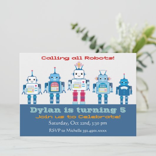 Robot Birthday Party-uitnodigingen Kaart (Staand voorkant)