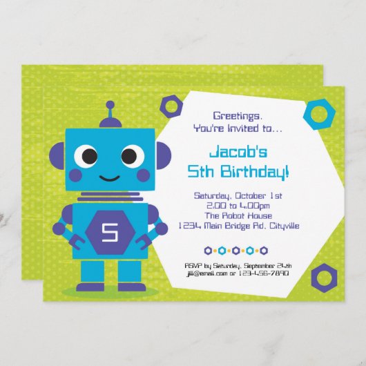 Robot Birthday Uitnodiging (Voorkant / Achterkant)