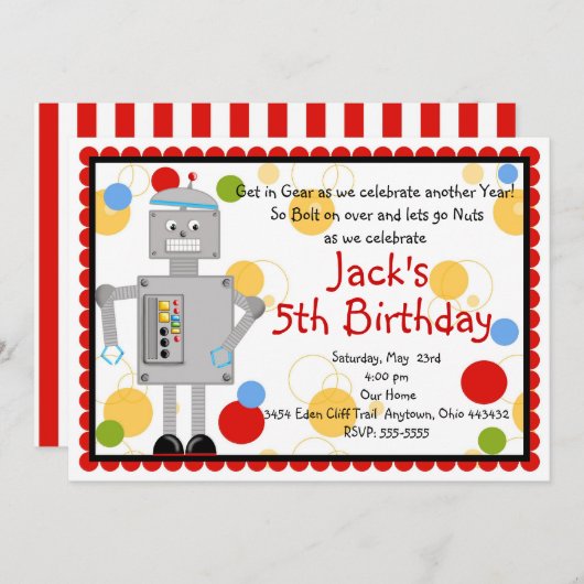Robot Birthday Uitnodiging (Voorkant / Achterkant)