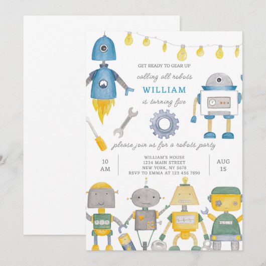 Robot Birthday Uitnodiging (Voorkant / Achterkant)