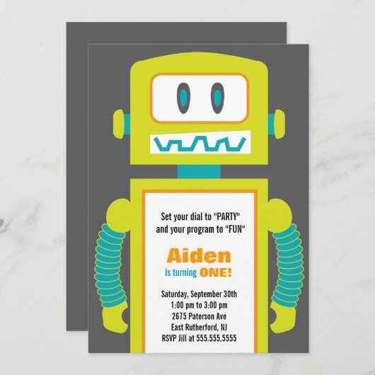 Robot Birthday Uitnodiging (Voorkant / Achterkant)