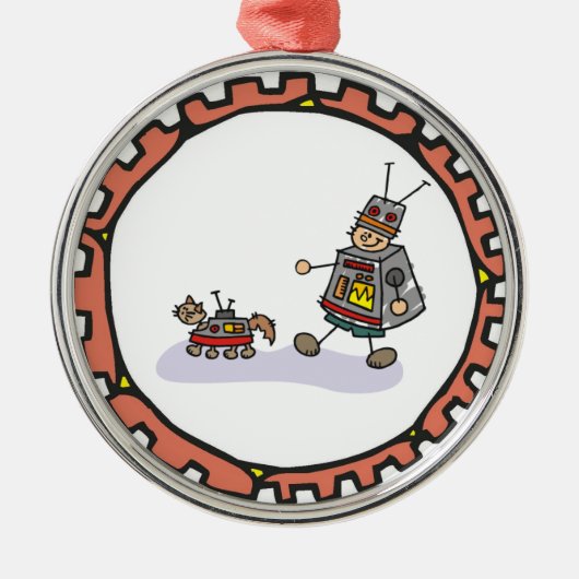 Robot Boy met Robot Cat Artwork Metalen Ornament (Voorkant)