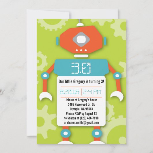Robot Boy Thema Verjaardagsfeestje Uitnodiging (Voorkant)