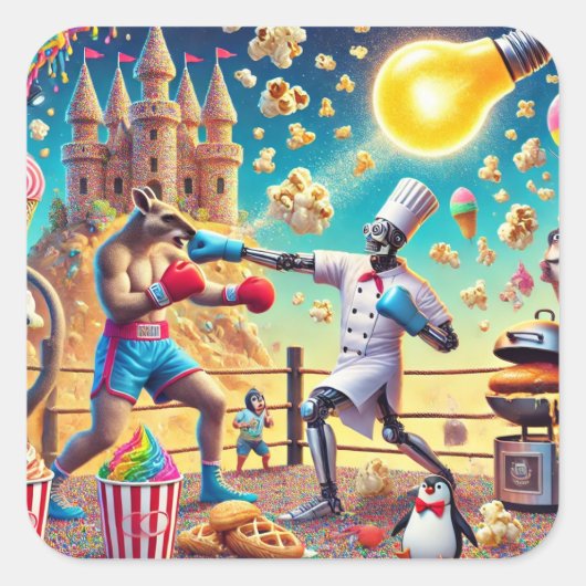 Robot Chef vs. Kangaroo Boxer Showdown Vierkante Sticker (Voorkant)