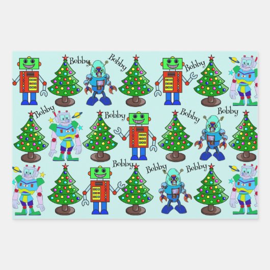 Robot Christmas Voeg jongensnaam toe 3 Schattige Inpakpapier Vel (Voorkant 2)