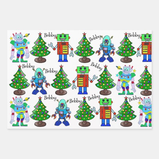 Robot Christmas Voeg jongensnaam toe 3 Schattige Inpakpapier Vel (Voorkant)