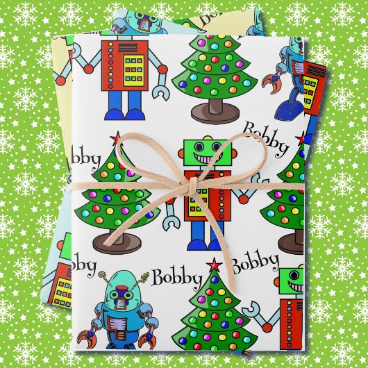 Robot Christmas Voeg jongensnaam toe 3 Schattige Inpakpapier Vel