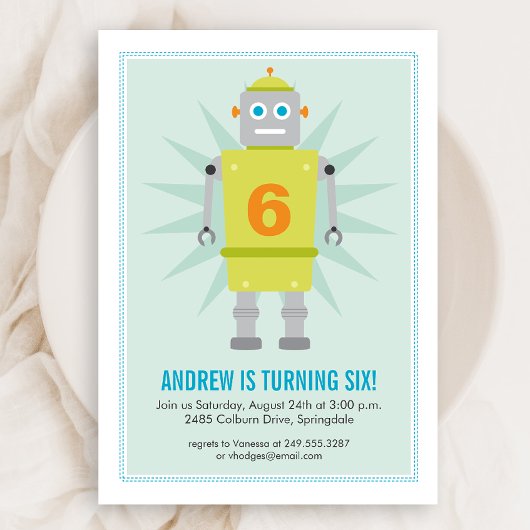 Robot Colorful Kind Green Blue Birthday Invitation Kaart