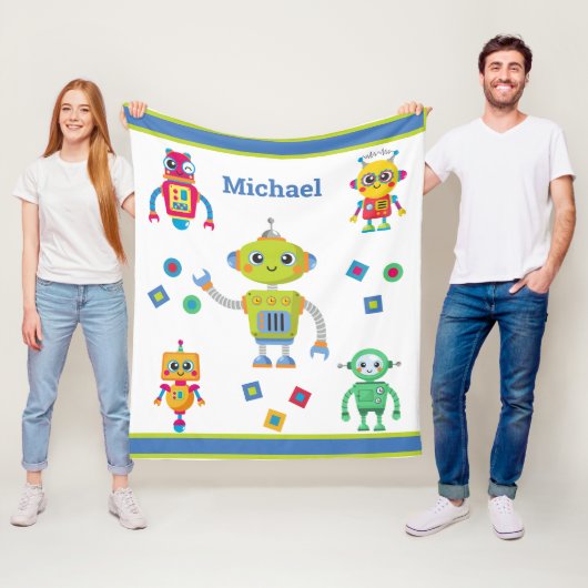 Robot Cool Name Blue Green Kinder Fleece Blanket (In situ)