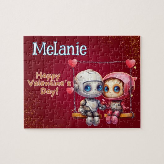 Robot Custom Child Name Valentine's Day Puzzle Legpuzzel (Horizontaal)