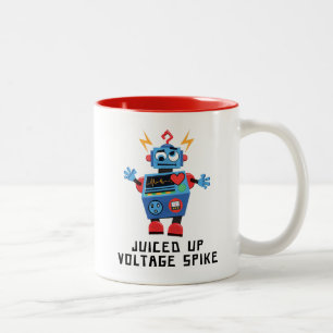 Robot die lijdt aan een Juiced Up Voltage Spike Tweekleurige Koffiemok