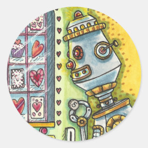ROBOT DIE OP VERLIES KIJKT, HARTVERKEERMACHINESCUT RONDE STICKER