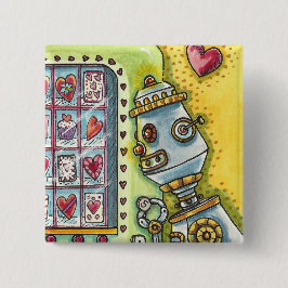 ROBOT DIE OP VERLIES KIJKT, HARTVERKEERMACHINESCUT VIERKANTE BUTTON 5,1 CM