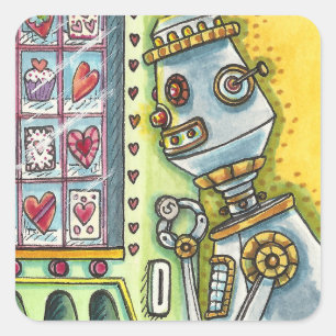 ROBOT DIE OP VERLIES KIJKT, HARTVERKEERMACHINESCUT VIERKANTE STICKER