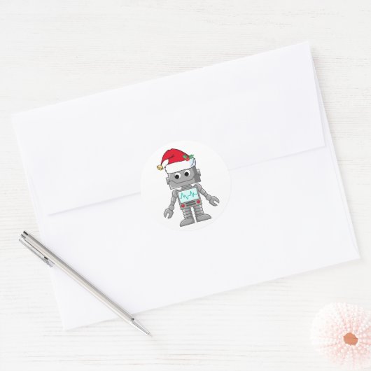Robot draagt kerstmuts ronde sticker (Envelop)