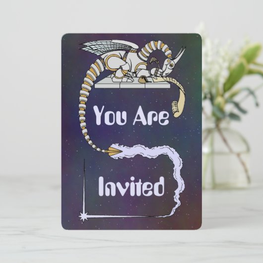 Robot Dragon schrijft in Scroll Kaart (Staand voorkant)