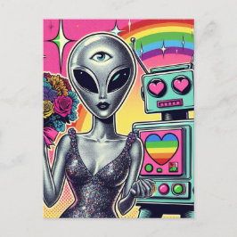 Robot en Alien in liefde Briefkaart