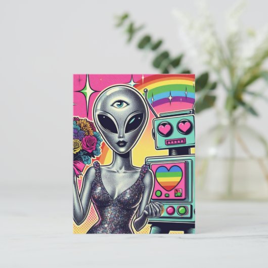 Robot en Alien in liefde Briefkaart (Staand voorkant)