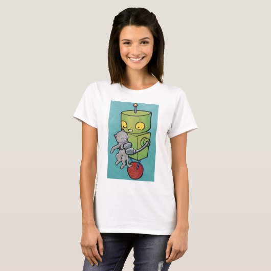 Robot en grijs Kat T-shirt (Voorkant volledig)