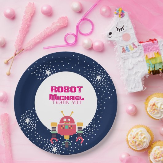 Robot-feestartikelen Blauw Roze Sterren Moeren en Papieren Bordje (Feest)