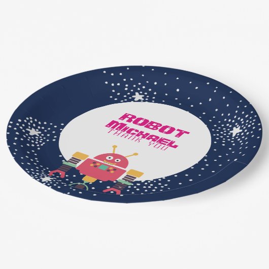 Robot-feestartikelen Blauw Roze Sterren Moeren en  Papieren Bordje (Gekanteld)