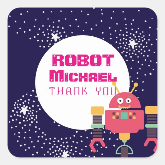 Robot-feestartikelen Blauw Roze Sterren Moeren en  Vierkante Sticker (Voorkant)