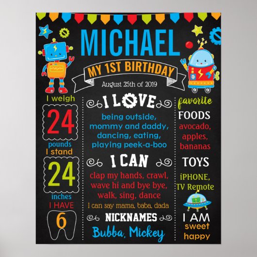 Robot First Birthday chalkboard Poster (Voorkant)