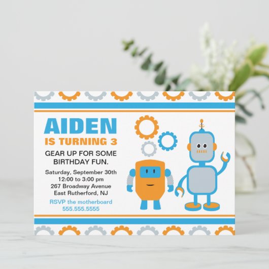 Robot Gear Birthday Invite Kaart (Staand voorkant)