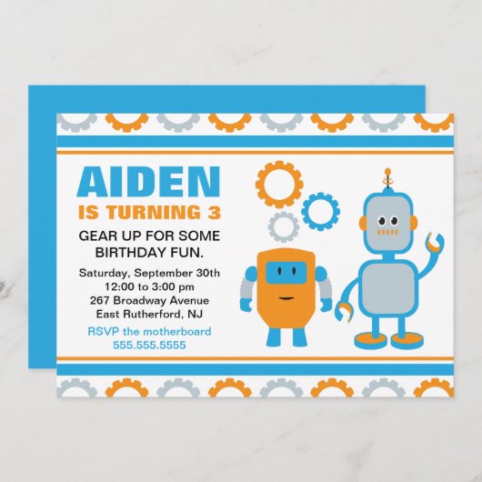 Robot Gear Birthday Invite Kaart (Voorkant / Achterkant)