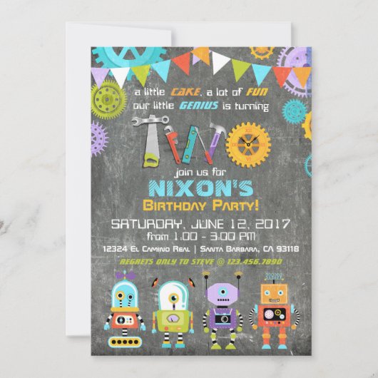 Robot Genius Gears Tools Chalkboard Birthday Kaart (Voorkant)