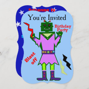 Robot Girl Blast Off en Stars Birthday Party Kaart