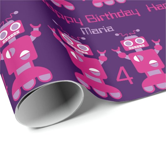 Robot Happy Birthday Kinder roze Paars Pattern Fun Cadeaupapier (Rol Hoek)