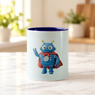 Robot Held   Mopshulpje in het blauw Superhero-the Tweekleurige Koffiemok