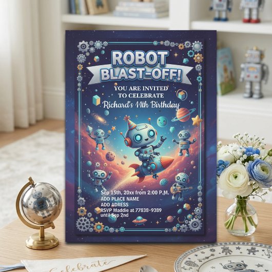 Robot in de ruimte 11e verjaardagsfeestje kaart