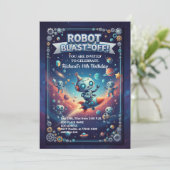 Robot in de ruimte 11e verjaardagsfeestje kaart (Staand voorkant)