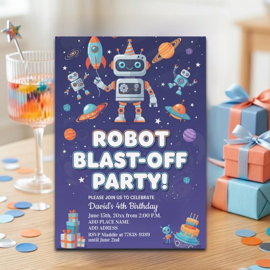 Robot in de ruimte 4e verjaardagsfeestje kaart
