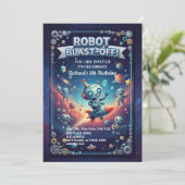 Robot in de ruimte 8e verjaardagsfeestje kaart (Staand voorkant)