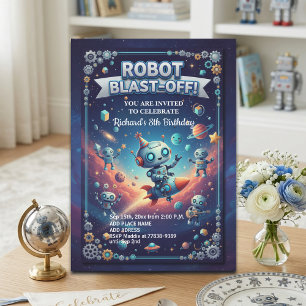 Robot in de ruimte 8e verjaardagsfeestje kaart