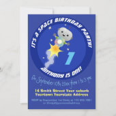 Robot in de ruimte cartoon 1e verjaardag gepersona kaart (Voorkant)