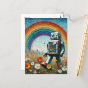 Robot in een bloemenweide met een regenboog briefkaart