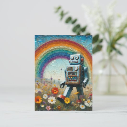 Robot in een bloemenweide met een regenboog briefkaart (Staand voorkant)