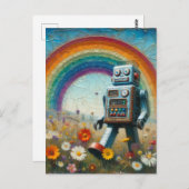 Robot in een bloemenweide met een regenboog briefkaart (Voorkant / Achterkant)
