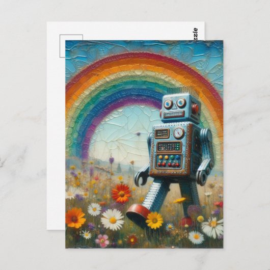Robot in een bloemenweide met een regenboog briefkaart (Voorkant / Achterkant)