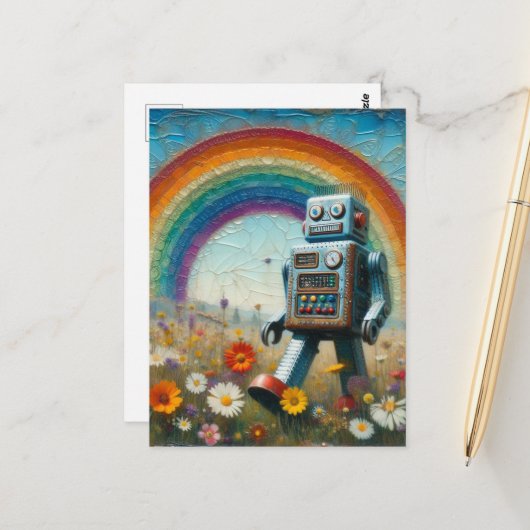 Robot in een bloemenweide met een regenboog briefkaart (Voorkant / Achterkant in situ)