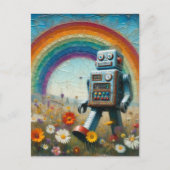 Robot in een bloemenweide met een regenboog briefkaart (Voorkant)