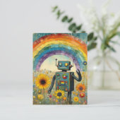 Robot in een bloemenweide met een regenboog encaus briefkaart (Staand voorkant)